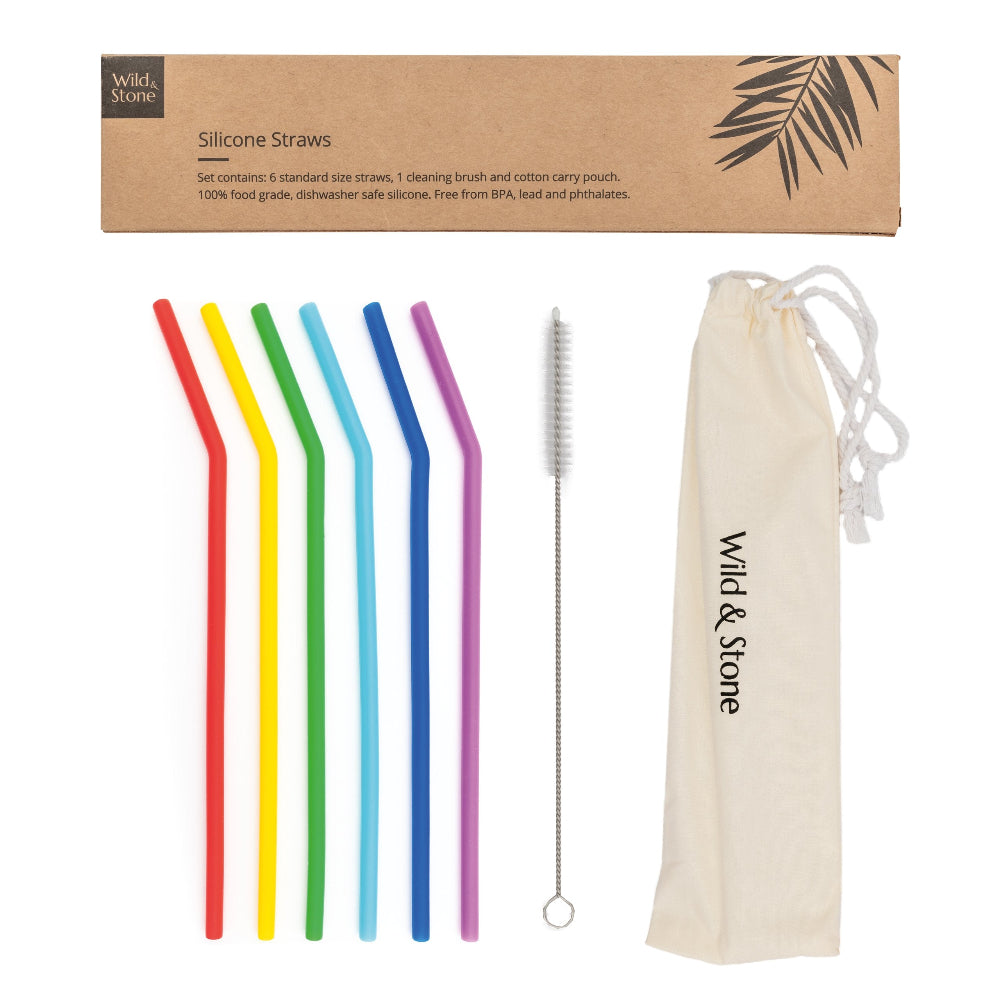 Set of rainbow silicone straws with cleaning brush and carrying pouch on a white background