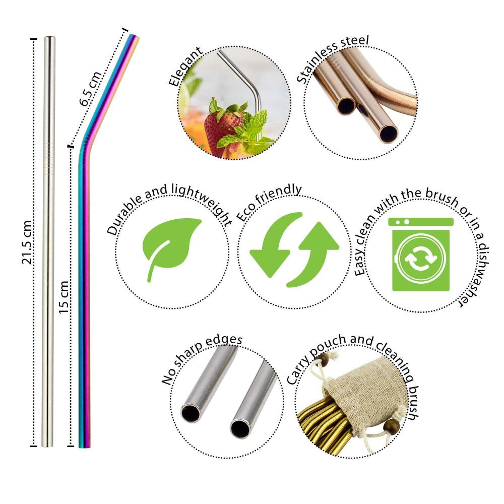 Metallic straw with features listed on a white background
