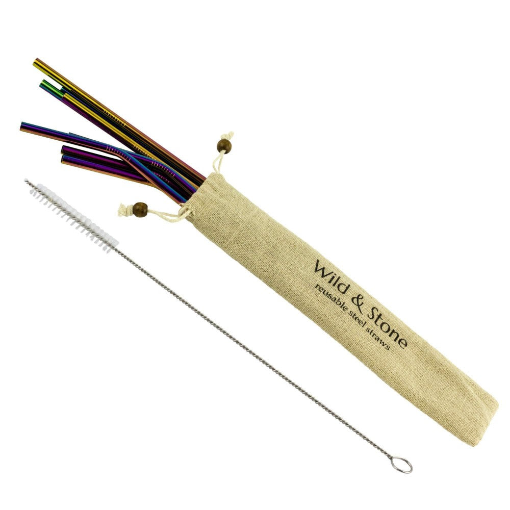 Set of reusable metal straws with a drawstring bag labelled 'Wild & Stone' on a white background.