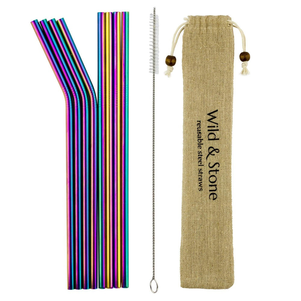 Set of colourful stainless steel straws with a cleaning tool and storage bag on a white background