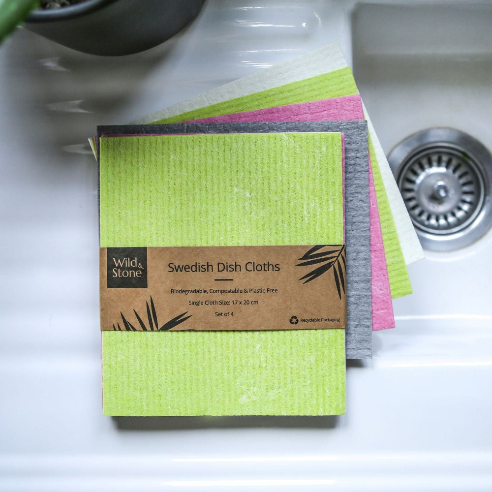Pack of Swedish dish cloths on a kitchen sink
