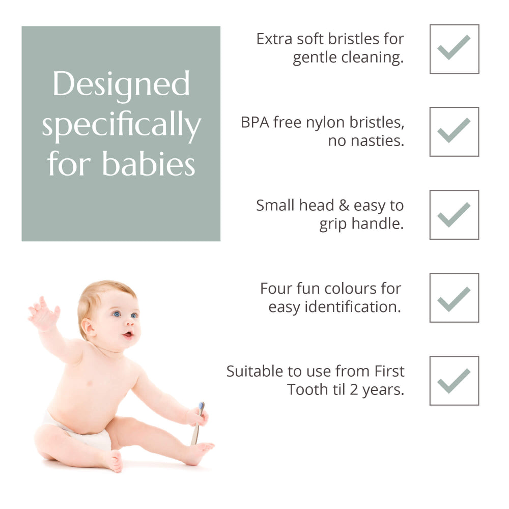 Product features for baby toothbrush with a baby sitting and holding the toothbrush.