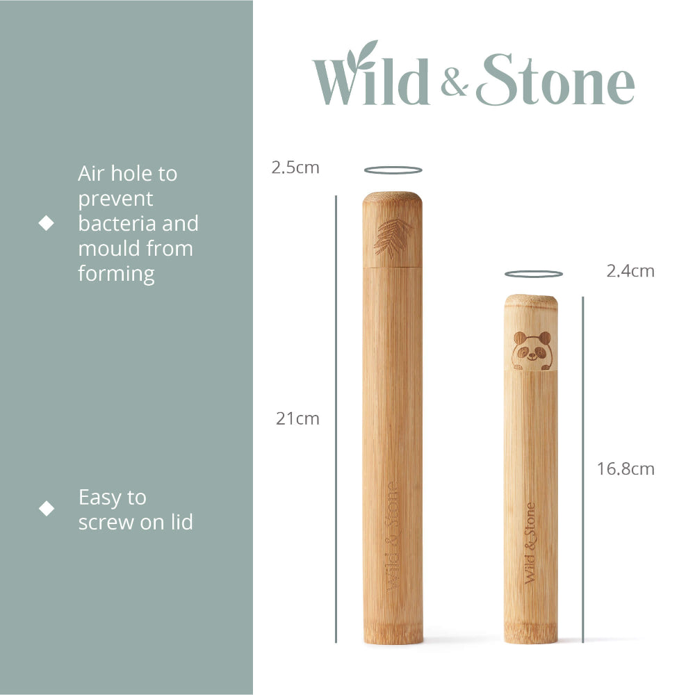 Bamboo product with Wild & Stone branding, showing dimensions and features.