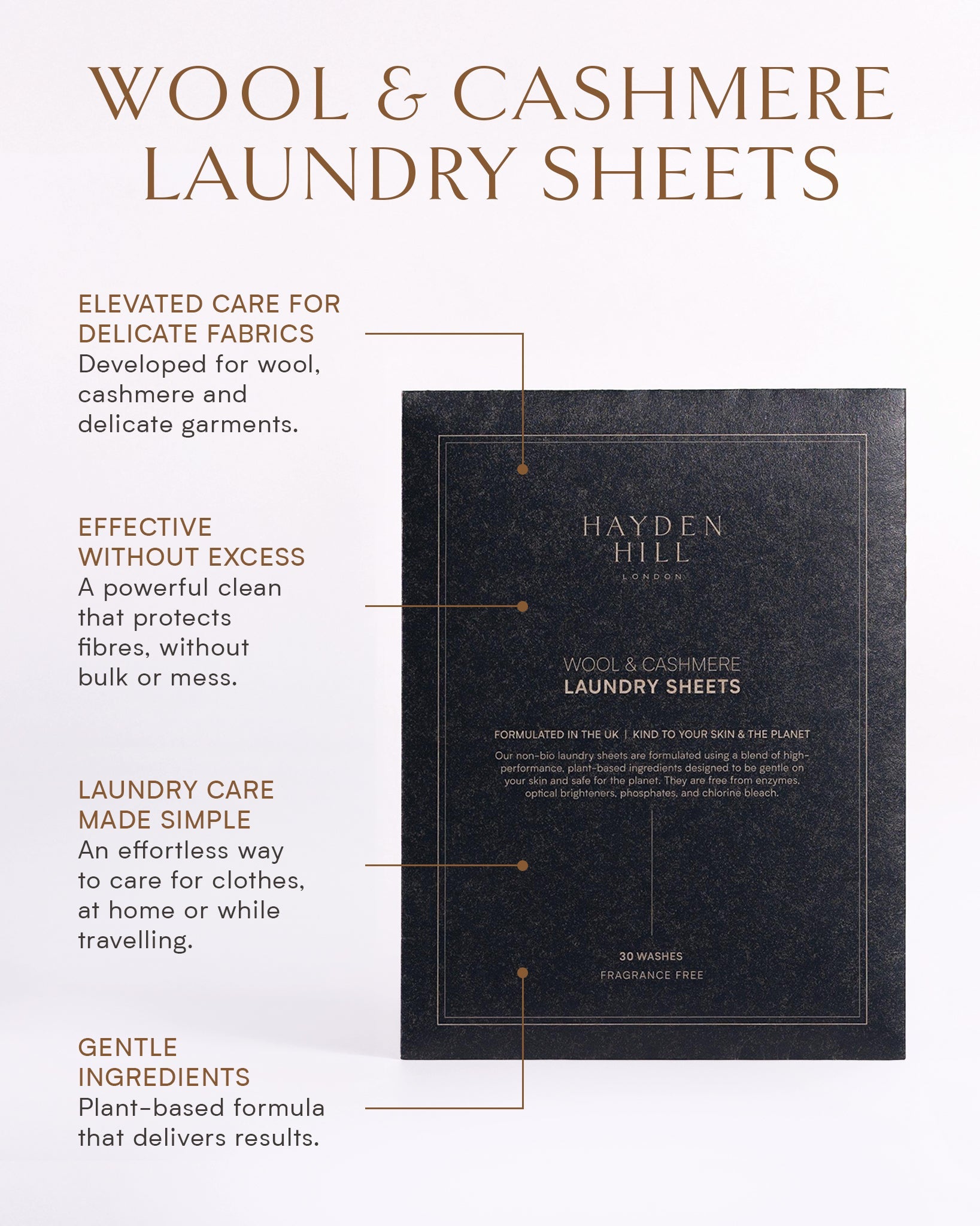 A product information graphic for Hayden Hill London Wool & Cashmere Laundry Sheets. The image features a dark charcoal grey textured sheet package on the right, with callout lines and text on the left highlighting key product features such as elevated care for delicate fabrics, effective cleaning, and gentle ingredients.