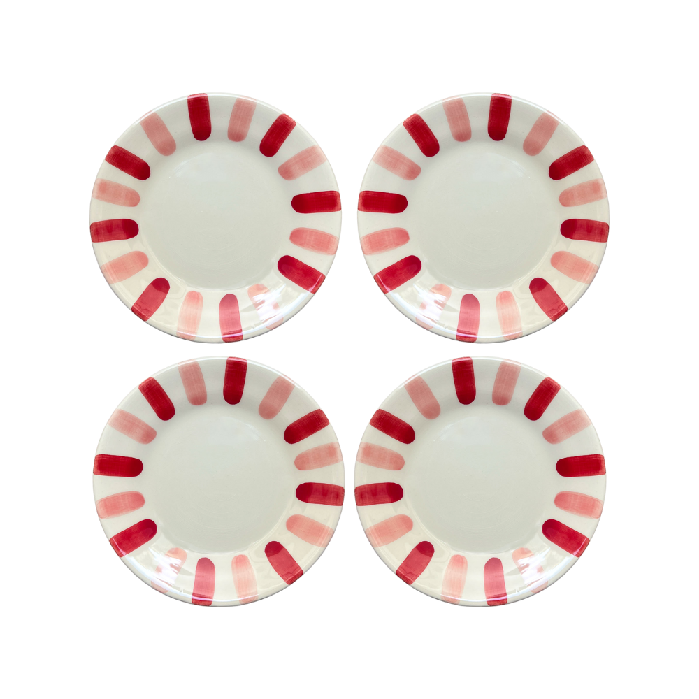 White ceramic side plate featuring alternating red and soft pink stripes around the edge set of four