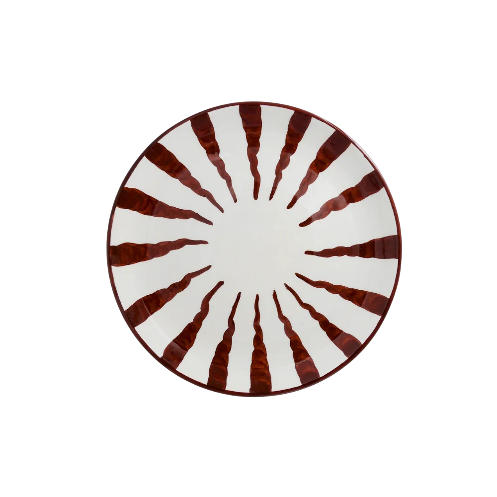 Woven Rosa Wave Dinner Plate with espresso-brown hand-painted stripes on white ceramic
